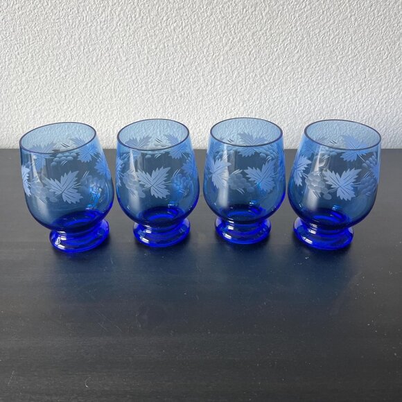Vintage Cobalt Blue Etched Crystal Tumbler Glasses Set of 4 Grapes & Leaves - Picture 1 of 7